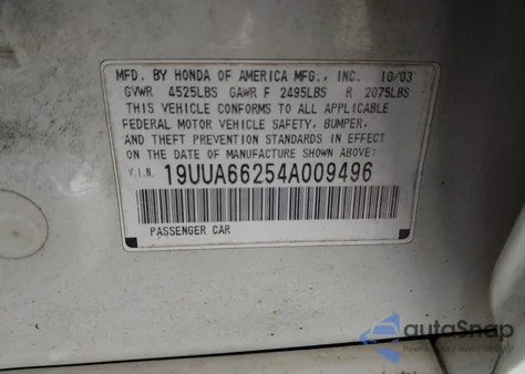 2004 Acura Tl из США, поврежденный, VIN 19UUA66254A009496